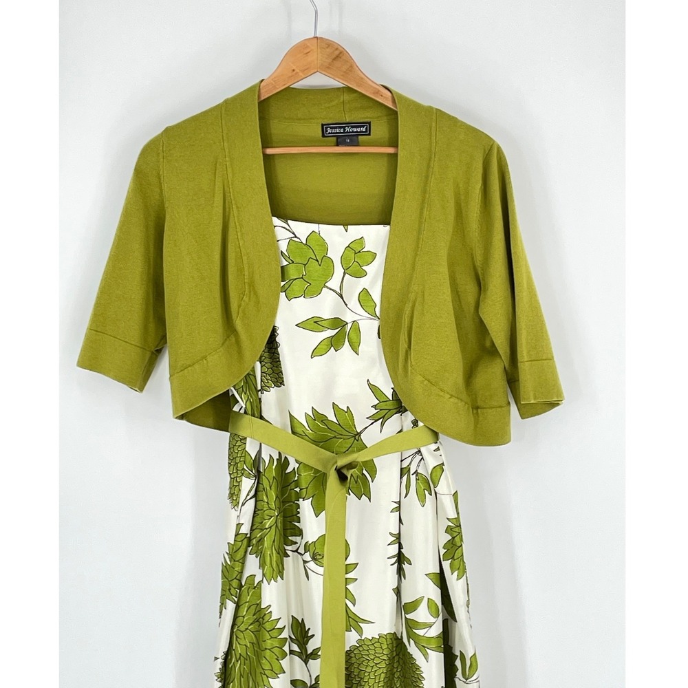 Jessica Howard Womens Dress 14 2PC‎ Green White Floral Belted Shrug Set - Picture 2 of 12